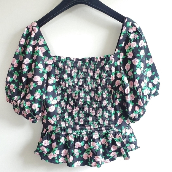 NWT Zara Floral Print Button Front Puff Sleeves Ruffle Peplum Crop Top Size XS - Picture 13 of 16